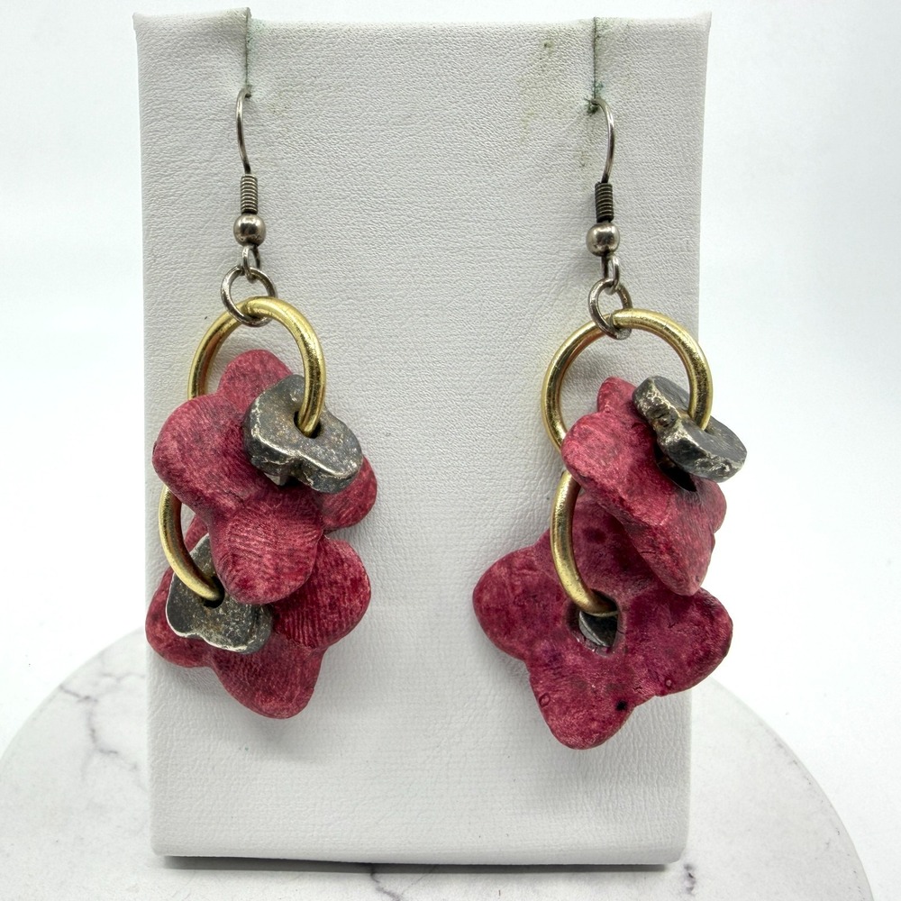 Artisanal Red Flower Drop Earrings Mixed Metal Boho Statement Festival Gift